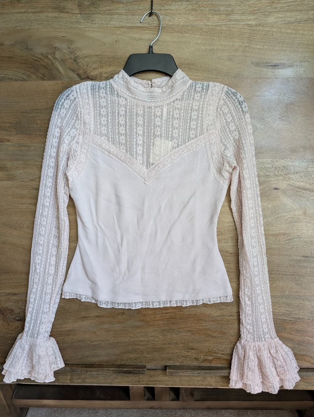 Free People Blouse Top Womens Small Pink Lace Cotton Long Sleeve Pullover NWT